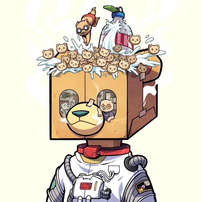 A surreal cartoon illustration of an astronaut wearing a boxy, wooden head filled with cereal, milk splashing, small cat-face marshmallows, and a tiny cat riding a bone-shaped rocket on top.