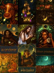 A collage of nine mystical and fantasy-themed illustrations labeled with tarot-style names including 'Wanderer', 'Moon priestess', and 'Healer'.