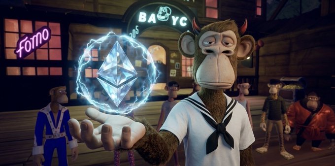 The image features a cartoon monkey dressed as a sailor, holding an ethernet cable with a crystal ball attached to it. The monkey appears to be standing next to a building that has neon lights on its windows. In the background, there are other cartoon characters, including a pirate and a wizard. The post also mentions that collectors who have reached their 5-year goals of owning a bored ape yacht club will no longer list bid for auction due to exhaustion from bidding wars.