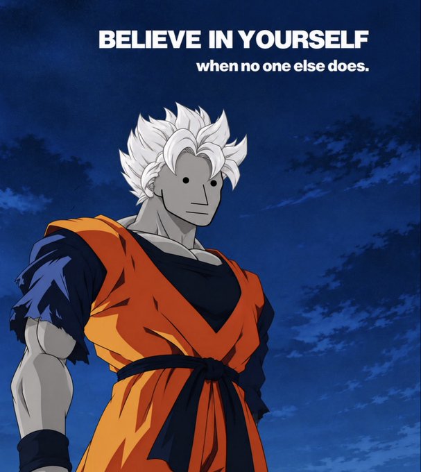 An anime-style illustration of a character with spiky white hair, tattered orange clothing, and a black belt standing against a dark blue sky, with the motivational text 'BELIEVE IN YOURSELF when no one else does.' at the top.