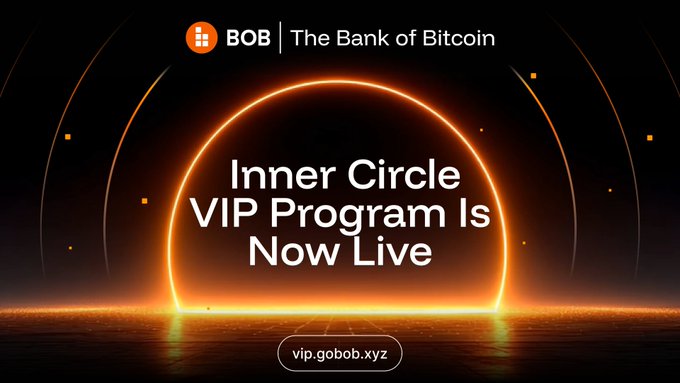 Promotional graphic for BOB (The Bank of Bitcoin) announcing that the Inner Circle VIP Program is now live at vip.gobob.xyz.