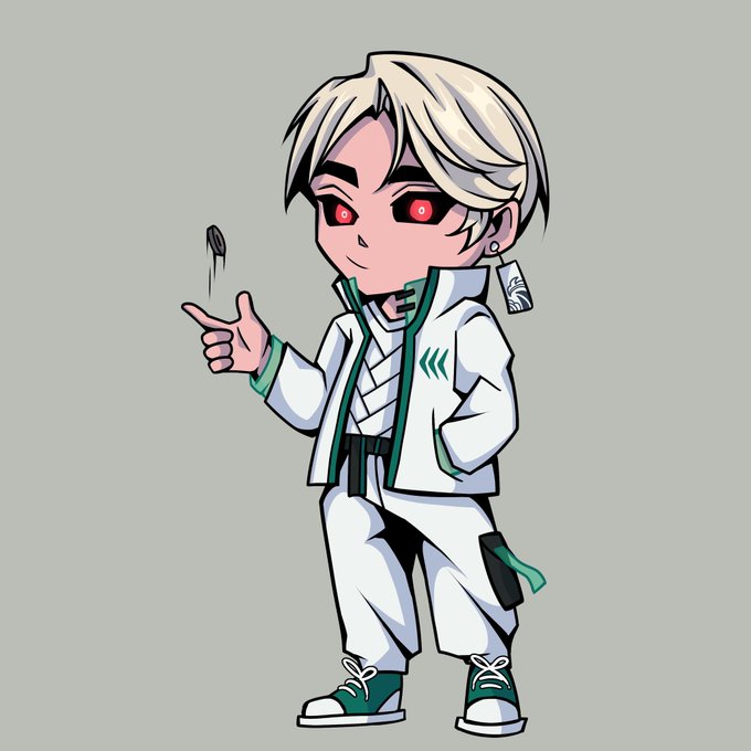 A chibi-style digital illustration of a character with blonde hair, red glowing eyes, and a white and green outfit, pointing at a small dark creature floating in the air.