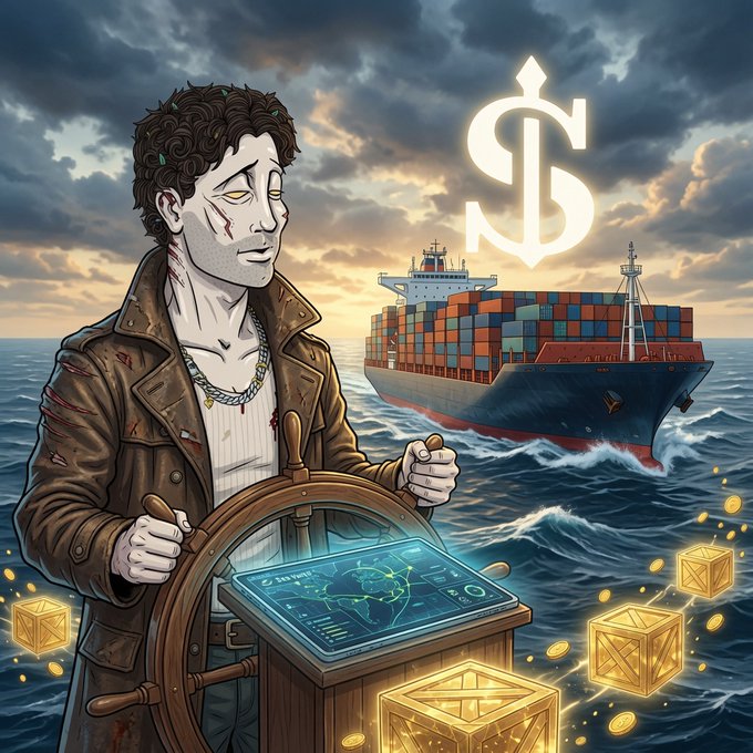 An illustrated, pirate-like figure with glowing yellow eyes grips a ship's wheel, accompanied by a cargo ship, floating gold crates, a digital map interface, and a large dollar sign symbol against a stormy sky.