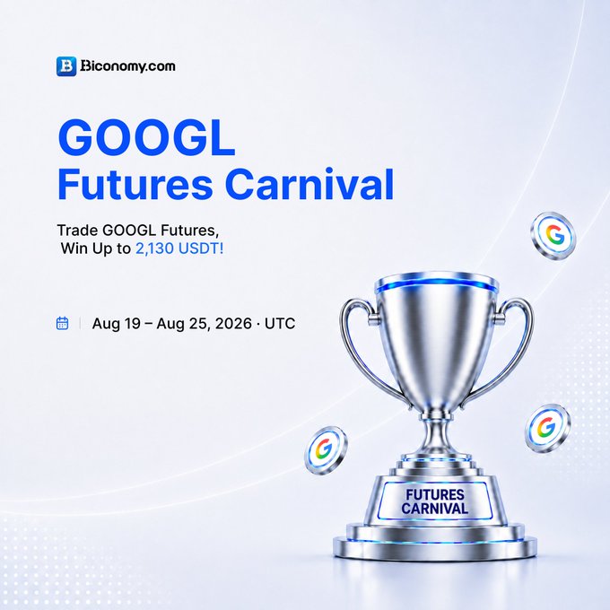 An advertisement banner from Biconomy.com for a 'GOOGL Futures Carnival' trading event with a chance to win up to 2,130 USDT, scheduled for Aug 19 – Aug 25, 2026, featuring a silver trophy and Google 'G' coins.