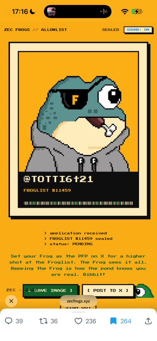 A screenshot of a mobile app called 'ZEC FROGS' showing a pixel-art frog character wearing an eye patch with an 'F' on it, displayed under the username '@TOTTI6+21' with options to 'SAVE IMAGE' and 'POST TO X'.