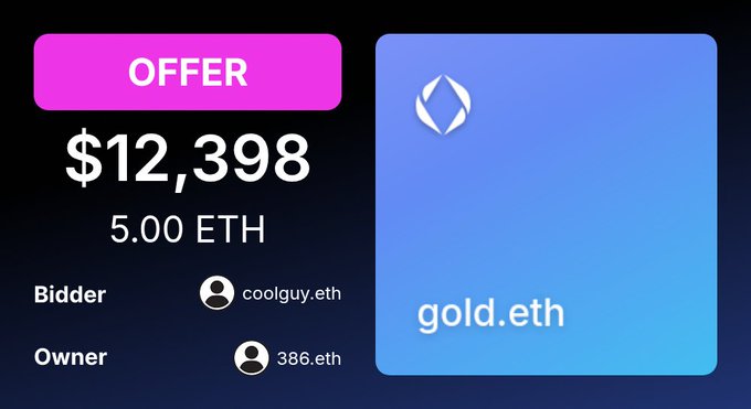 A digital auction offer screen showing a bid of $12,398 (5.00 ETH) for 'gold.eth' from bidder coolguy.eth to owner 386.eth.