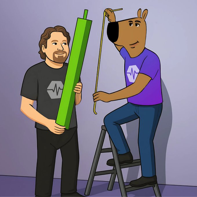 A cartoon illustration shows two characters—one resembling a Meta engineer holding a large green bar and another dog-like character on a ladder measuring with a tape—both wearing Meta t-shirts with the heartbeat-like logo.