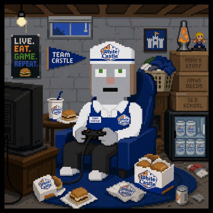 Pixel art showing a White Castle employee in uniform sitting in a blue chair playing video games, surrounded by White Castle food, a mini fridge stocked with White Castle products, boxes labeled "MOM'S STUFF," "XMAS DECOR," and "OLD SCHOOL," and a "LIVE. EAT. GAME. REPEAT." poster.