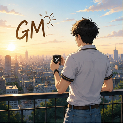 An anime-style illustration of a young man holding a mug with an 'X' logo, looking at a city skyline at sunset with 'GM' written above.