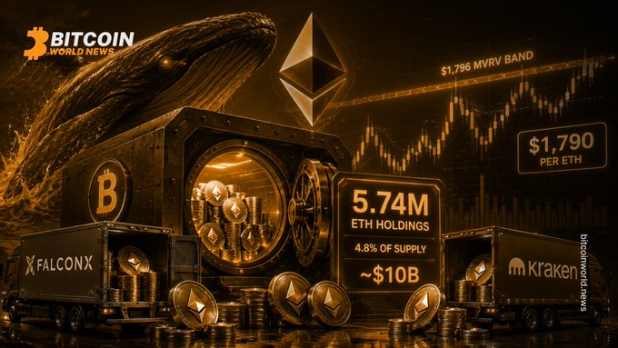 A Bitcoin World News graphic showing Ethereum at $1,790 per ETH, with 5.74M ETH holdings representing 4.8% of supply (~$10B), featuring imagery of a whale and vaults from FalconX and Kraken.