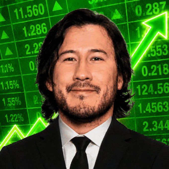 A photo of a man in a suit superimposed over a green stock market board with rising arrows and numbers.