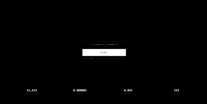 A minimalist dark-themed webpage or interface with the word "MINT" in the center, along with numerical values at the bottom including "52,423," "0.000001," "0.041," and "333."