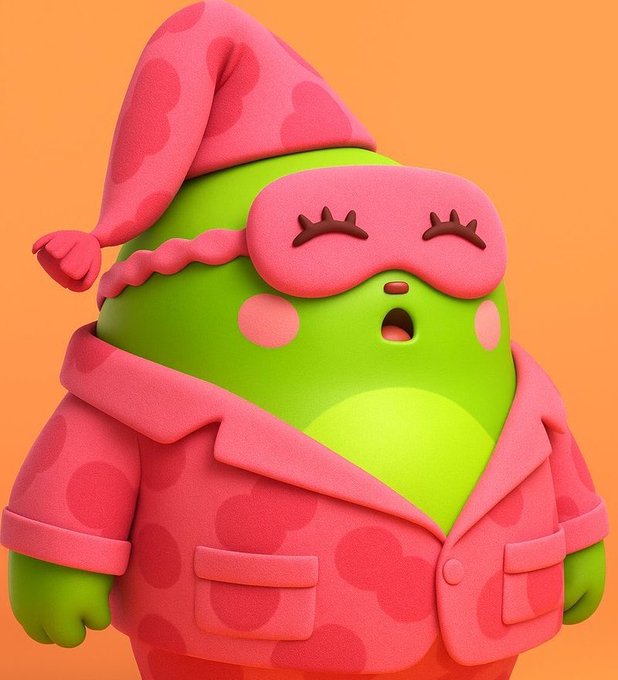 The image features a cartoon character dressed in pajamas with a pink robe and a matching pink hat, wearing a pair of glasses and a sleep mask. The character appears to be in a dreamy state, possibly sleeping or taking a nap. The background is orange, which contrasts with the green body of the character. The caption above the image reads: "@sleepagotchi seems to actually be getting proper sleep. That's part of what makes @sleepagotchi surprisingly interesting."