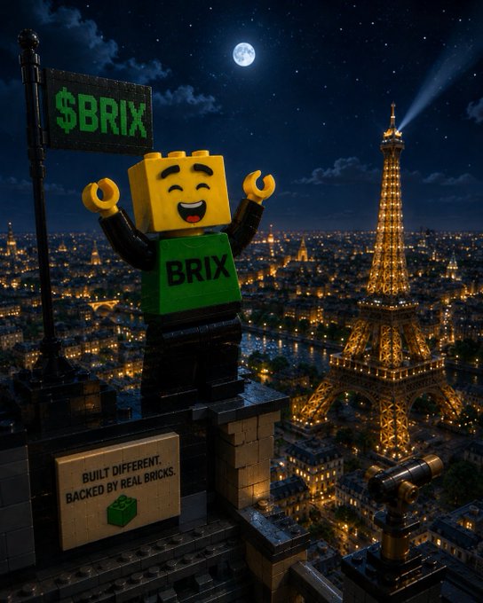 A LEGO-style LEGO minifigure wearing a "BRIX" shirt and standing beside a "$BRIX" sign poses triumphantly on a Parisian rooftop with the illuminated Eiffel Tower under a full moon, while a sign below reads "BUILT DIFFERENT. BACKED BY REAL BRICKS," visually reinforcing the post's pitch to buy the $BRIX token at its perceived undervalued price.