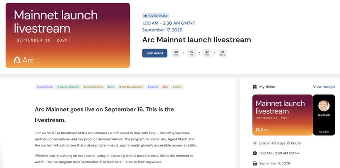 A webpage for the 'Arc Mainnet launch livestream' on September 17, 2026, includes event details, a countdown timer, and ticket information for 'Arc Cypria'.