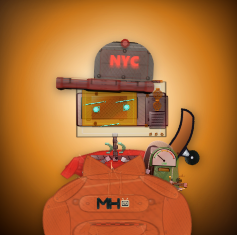A cartoon robot character with an 'NYC' baseball cap, appearing distressed while holding tools, set against an orange background.