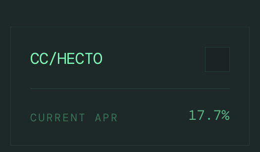 A dashboard card displays "CC/HECTO" with a "CURRENT APR" of 17.7%, highlighting the liquidity pool's attractive yield as referenced in the post about providing liquidity to the CC/HECTO pool.