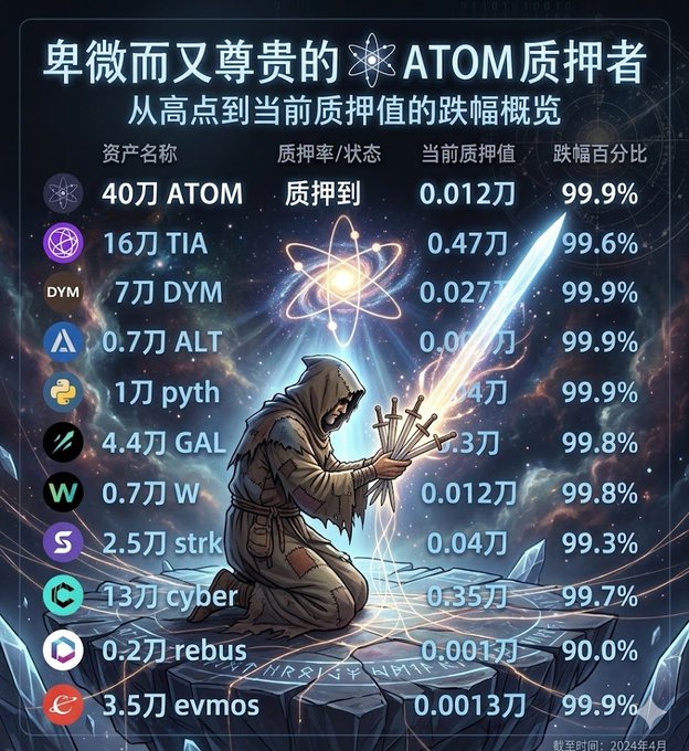 The image features a poster with a cartoon illustration of a person holding a sword, surrounded by various symbols and numbers. The poster also includes text that translates to "4061 atom" and "0.0122 0.9". This suggests that the poster is promoting an event or product related to the Atom cryptocurrency.