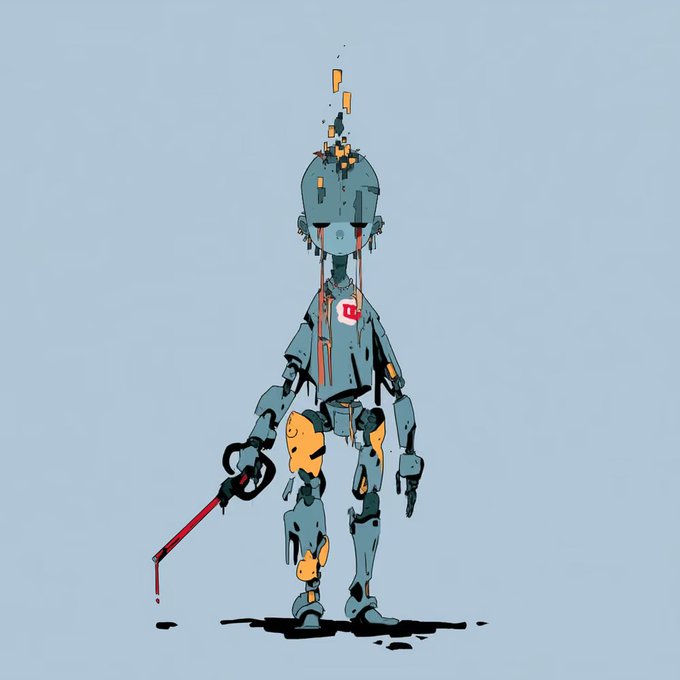 A digital illustration shows a slender, weathered robot character with orange and blue coloring, holding what appears to be a red staff.