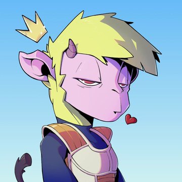 A 2D cartoon illustration shows a purple-skinned demon-like character with yellow hair, small horns, and a tiny crown, wearing armor.