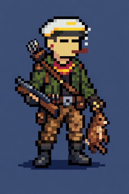 Pixel art of a character in camouflage gear, a helmet, smoking a cigar, and holding a rifle and a dead animal.