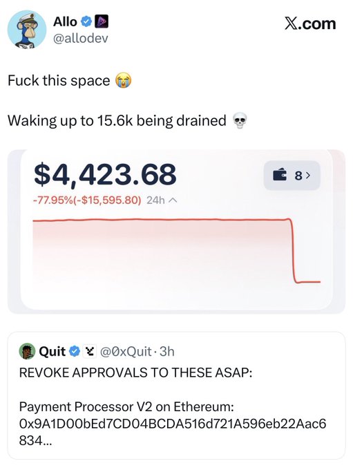 A tweet from @allodev shows a wallet drained of $4,423.68 (down 77.95% / -$15,595.80 over 24 hours), quoting a warning from @0xQuit about revoking approvals to a malicious Ethereum contract ("Payment Processor V2" at address 0x9A1D00bEd7CD04BCDA516d721A596eb22Aac6834), illustrating the wallet-draining attack referenced in the accompanying post about NFT users losing funds to old Magic Eden approvals.