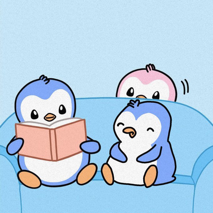 A cute cartoon illustration of three penguins sitting on a blue couch, with one reading a pink book and another laughing while a third peeks over the back of the couch.