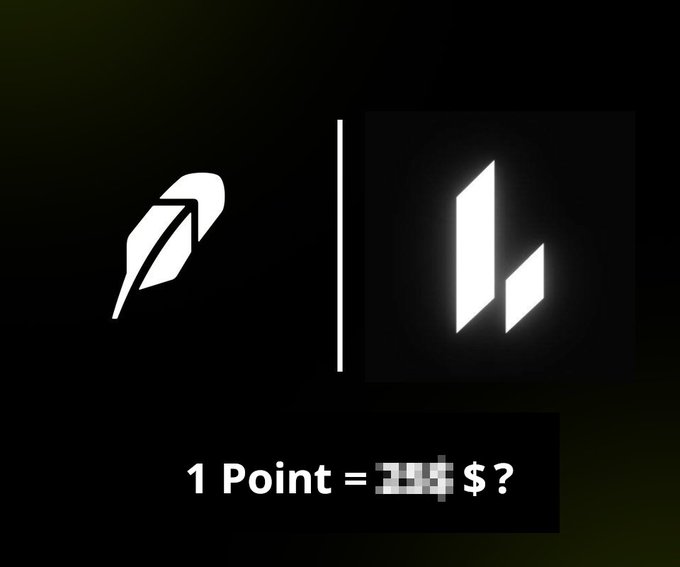 The image displays a comparison graphic between a feather icon and the Robinhood logo, with text asking "1 Point = ??? $ ?" below. It visually represents the user's question about determining the dollar value of points earned through the Lighter x Robinhood campaign, where the exact price remains unknown.