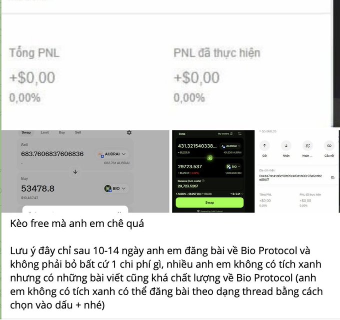 A Vietnamese trading interface showing AUBRAI/BIO swap details with zero PNL and Vietnamese text explaining a free farming method for submitting posts about Bio Protocol, noting participants can earn AUBRAI tokens after 10-14 days.