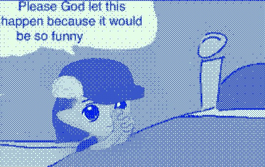 A blue-toned cartoon panel showing a character in bed saying "Please God let this happen because it would be so funny" in a speech bubble, with a halo visible on the right side.