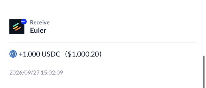 A cryptocurrency transaction notification showing a receive of '+1,000 USDC ($1,000.20)' from 'Euler' dated 2026/09/27 15:02:09.