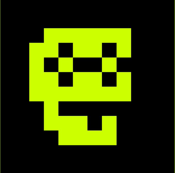 A pixelated, lime-green alien-like character face on a black background, resembling retro 8-bit video game graphics with a symmetrical, stylized design.