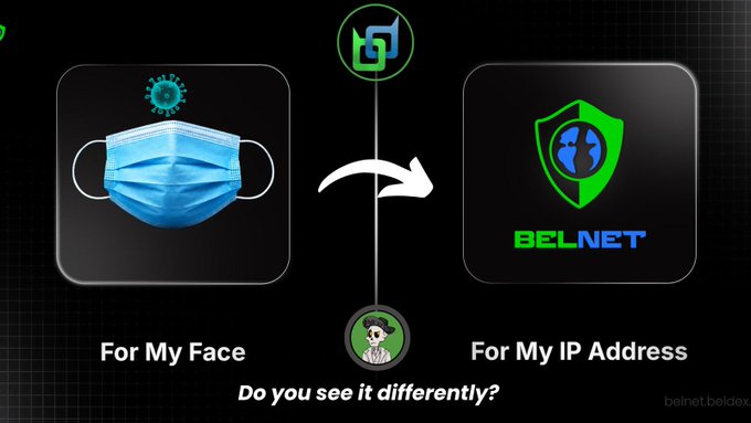 A Beldex/BelNet promotional graphic asking 'Do you see it differently?' comparing a face mask ('For My Face') to BELNET protection ('For My IP Address').