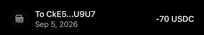 A dark interface showing a transaction receipt: 'To Cke5...U9U7' dated Sep 5, 2026, for an amount of '-70 USDC.'