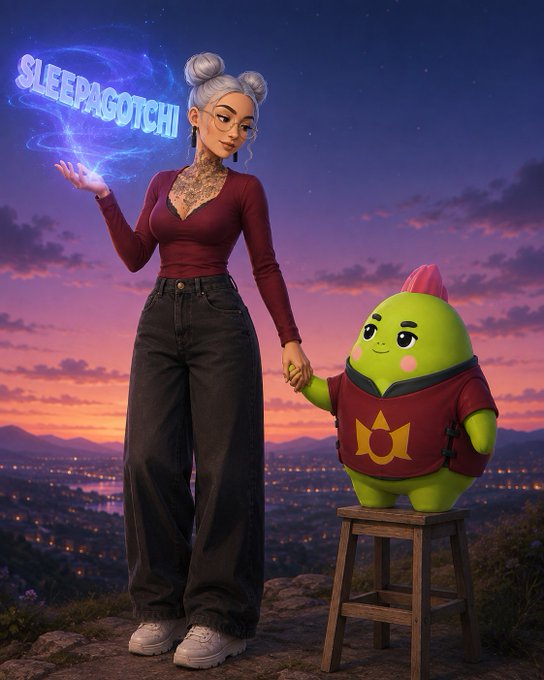Digital artwork of a woman with silver hair in buns, glasses, and tattoos conjuring blue neon text that reads 'SLEEPAGOTCHI!', holding hands with a green round character wearing a red hoodie standing on a stool against a sunset cityscape.