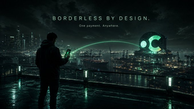 A promotional image with the text 'BORDERLESS BY DESIGN. One payment. Anywhere.' showing a figure using a phone with a green beam connecting to a logo over a cityscape at night.