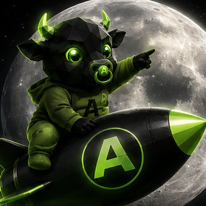 The image features a green geometric cow mascot wearing a hoodie, sitting on a rocket with the letter "A" on it, set against a moon backdrop—visually representing the $Ansem crypto mascot heading to the moon. This ties into the post's theme of $BabyAnsem following $Ansem's bullish trajectory "to the moon."