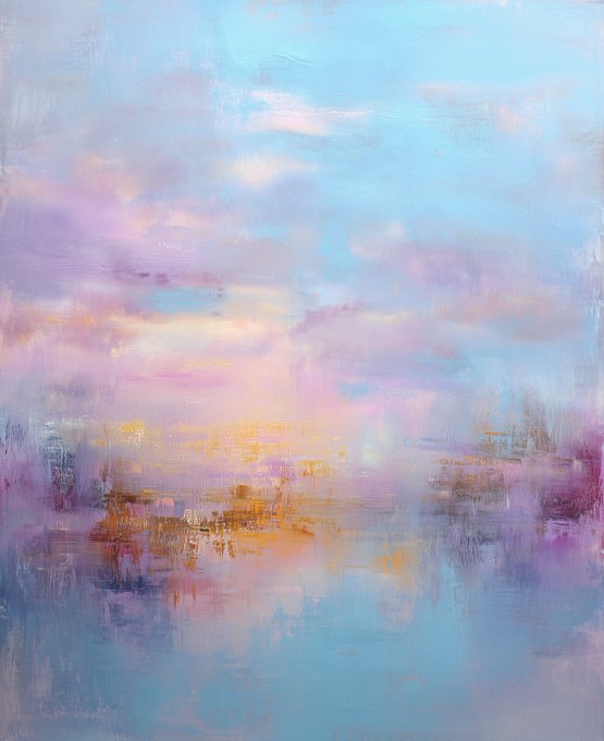 The image features a painting of a sunset over water that has been rendered in an impressionistic style. The colors used are predominantly blue, pink, and purple, creating a serene atmosphere. The painting depicts a calm body of water with a reflection of the sky above it. The artist's brushstrokes add texture to the scene, giving it a sense of depth and dimension. The post is titled "Gm friends! Hope everything is ok with you. Happy Wednesday!"