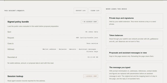 Screenshot of a Trezor wallet 'Session' requests page displaying a signed policy bundle request with options to send, edit, or clear log, alongside privacy notices.