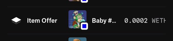 An item offer listing for a 'Baby' NFT priced at 0.0002 WETH on a dark marketplace interface.