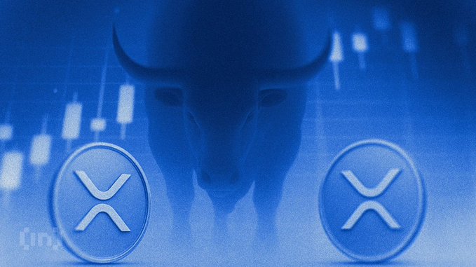 A bull is silhouetted against a blue candlestick chart background, flanked by two XRP cryptocurrency logos, symbolizing a bullish market outlook.