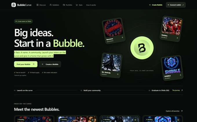Screenshot of the BubbleCurve website homepage featuring the headline 'Big ideas. Start in a Bubble.' with options to 'Find your Bubble' or 'Create a Bubble' alongside various project tokens like 'CRISPRUID', 'Mr. Nobody', and 'SHIBBLE'.