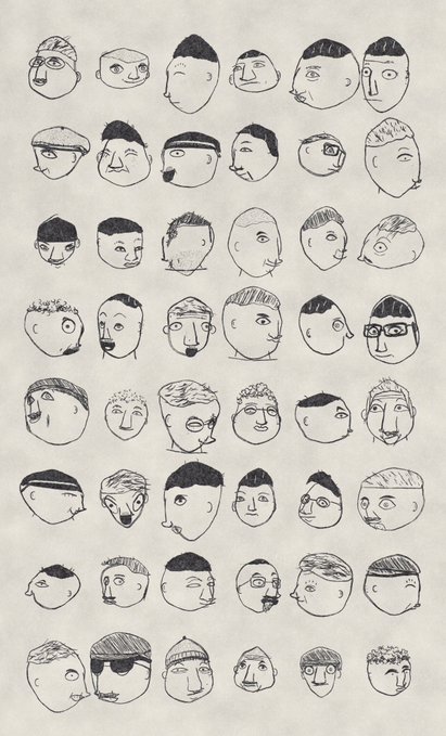 A hand-drawn grid of approximately 48 small, minimalist cartoon faces with varying hairstyles, facial features, and expressions on a textured paper background.