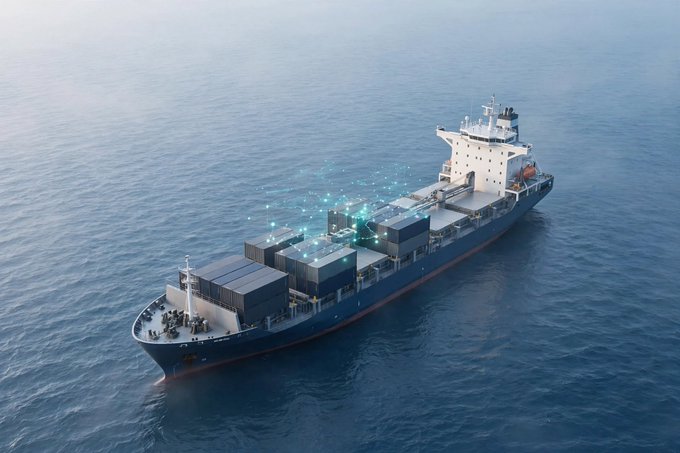 An aerial view shows a large blue and white cargo ship loaded with shipping containers sailing on a calm blue ocean.