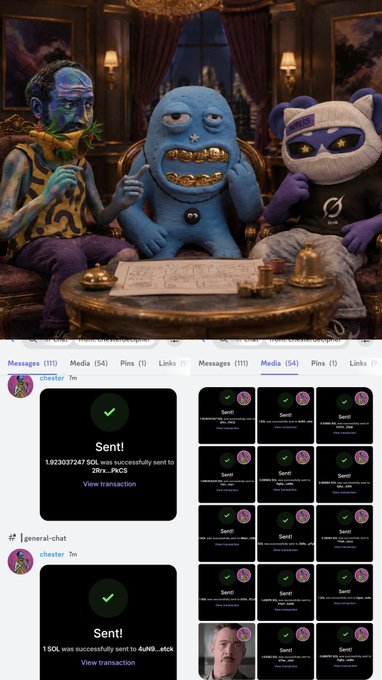 A screenshot showing three cartoon NFT characters at a table above, and below it shows a chat/media interface with transaction confirmations including '1.923937247 SOL was successfully sent to 26v...PACS' and '1 SOL was successfully sent to 4uN0...stick'.