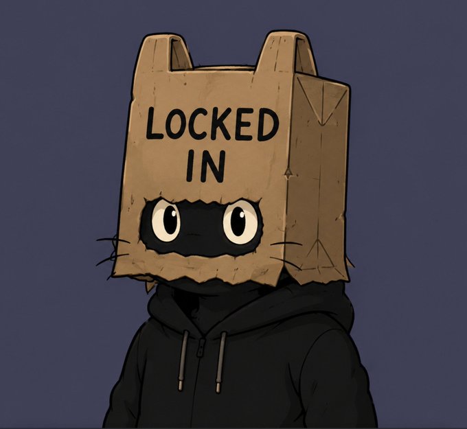 A black cartoon character in a hoodie wears a brown paper bag over its head with the words 'LOCKED IN,' featuring large expressive eyes peering through the eye holes.