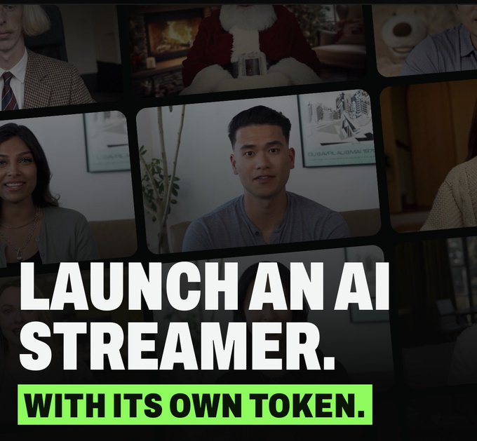 Promotional graphic with a grid of video thumbnails featuring different people, overlaid with the bold text 'LAUNCH AN AI STREAMER. WITH ITS OWN TOKEN.' in white and green.