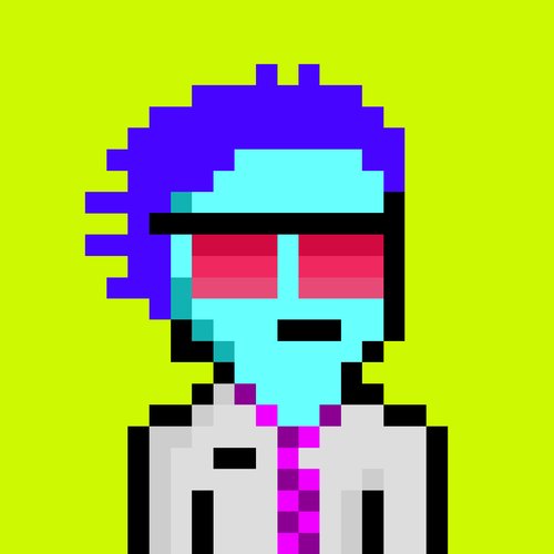 A pixel art character with cyan skin, purple hair, a black headband, and pink visor glasses stands against a bright lime green background, wearing a white top with a pink checkered tie.