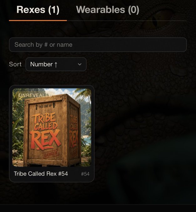 A mobile app interface shows a 'Rexes (1)' tab with a single NFT card titled 'Tribe Called Rex #54' (#54) featuring a wooden crate marked 'TRIBE CALLED REX' and 'UNREVEALED'.