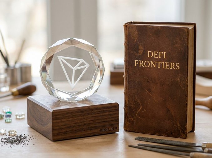 A still life featuring a faceted glass orb on a wooden base next to an old leather-bound book titled 'DEFI FRONTIERS', resting on a workbench with tools.